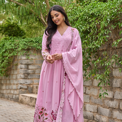 Women's Chanderi Silk Embroidered & Handworked Kurta Pant Set With Chanderi Dupatta