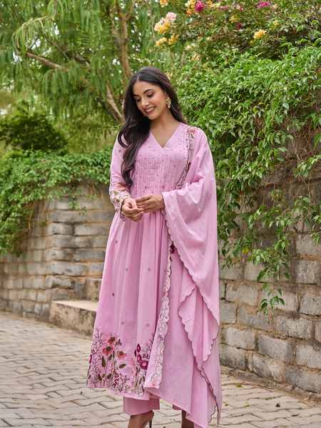 Women's Chanderi Silk Embroidered & Handworked Kurta Pant Set With Chanderi Dupatta