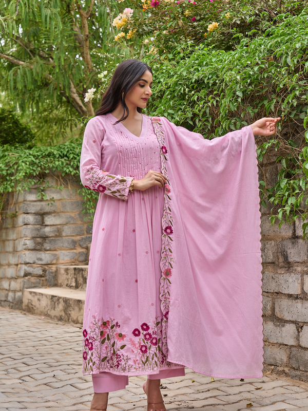 Women's Chanderi Silk Embroidered & Handworked Kurta Pant Set With Chanderi Dupatta
