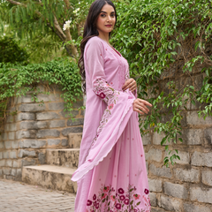 Women's Chanderi Silk Embroidered & Handworked Kurta Pant Set With Chanderi Dupatta