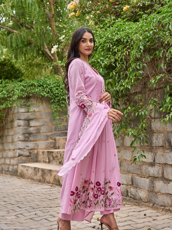 Women's Chanderi Silk Embroidered & Handworked Kurta Pant Set With Chanderi Dupatta