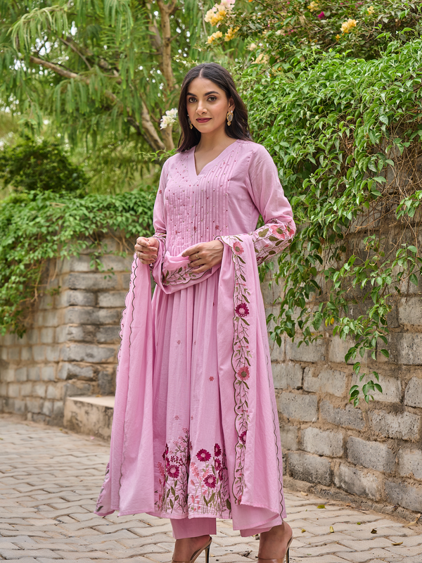 Women's Chanderi Silk Embroidered & Handworked Kurta Pant Set With Chanderi Dupatta