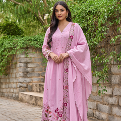 Women's Chanderi Silk Embroidered & Handworked Kurta Pant Set With Chanderi Dupatta