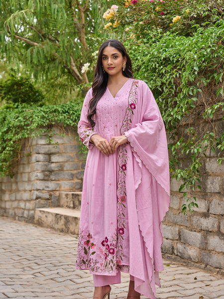 Women's Chanderi Silk Embroidered & Handworked Kurta Pant Set With Chanderi Dupatta