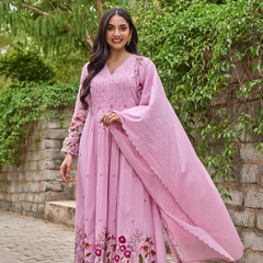 Women's Chanderi Silk Embroidered & Handworked Kurta Pant Set With Chanderi Dupatta