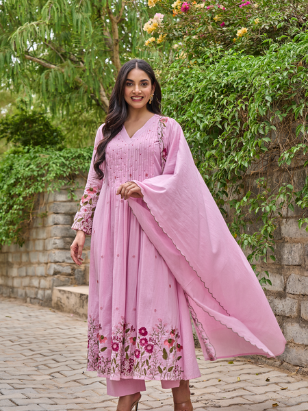 Women's Chanderi Silk Embroidered & Handworked Kurta Pant Set With Chanderi Dupatta