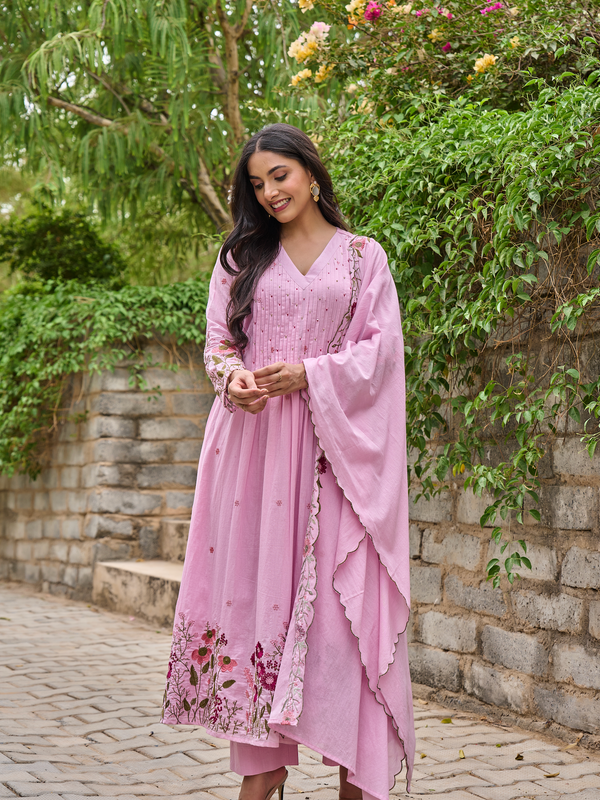 Women's Chanderi Silk Embroidered & Handworked Kurta Pant Set With Chanderi Dupatta