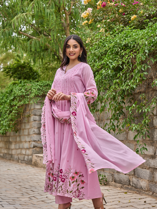 Women's Chanderi Silk Embroidered & Handworked Kurta Pant Set With Chanderi Dupatta