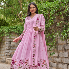 Women's Chanderi Silk Embroidered & Handworked Kurta Pant Set With Chanderi Dupatta