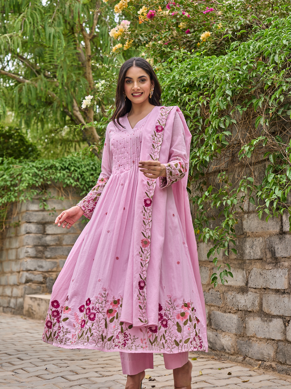 Women's Chanderi Silk Embroidered & Handworked Kurta Pant Set With Chanderi Dupatta