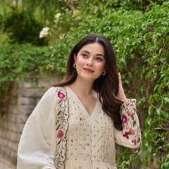 Women's Chanderi Silk Embroidered & Handworked Kurta Pant Set With Chanderi Dupatta