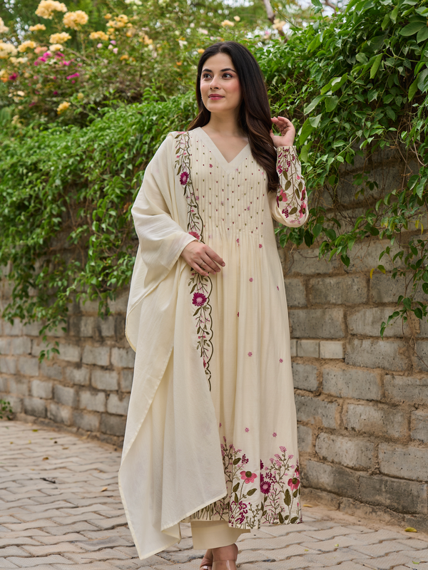 Women's Chanderi Silk Embroidered & Handworked Kurta Pant Set With Chanderi Dupatta