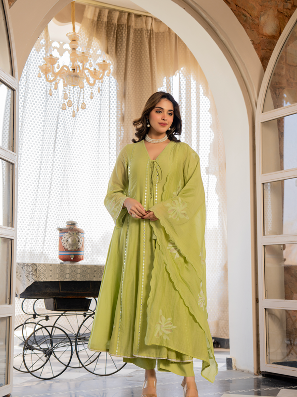 Chanderi Silk Embroidered Kurta Pant Set with Chanderi Dupatta