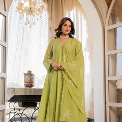 Women's Chanderi Silk Embroidered Straight Kurta Pant Set With Chanderi Dupatta