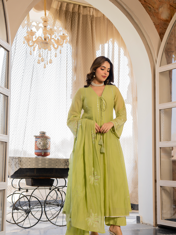 Chanderi Silk Embroidered Kurta Pant Set with Chanderi Dupatta