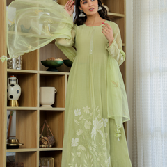 Women's Embroidered Chanderi Silk Kurta with Pant & Chanderi Dupatta Set