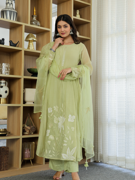 Women's Embroidered Chanderi Silk Kurta with Pant & Chanderi Dupatta Set