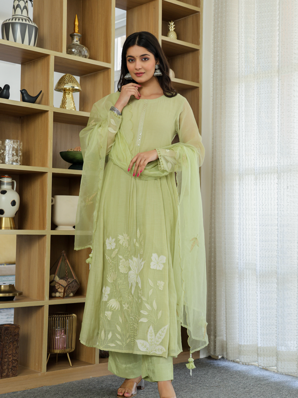 Women's Embroidered Chanderi Silk Kurta with Pant & Chanderi Dupatta Set