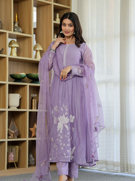 Women's Embroidered Chanderi Silk Kurta with Pant & Chanderi Dupatta Set