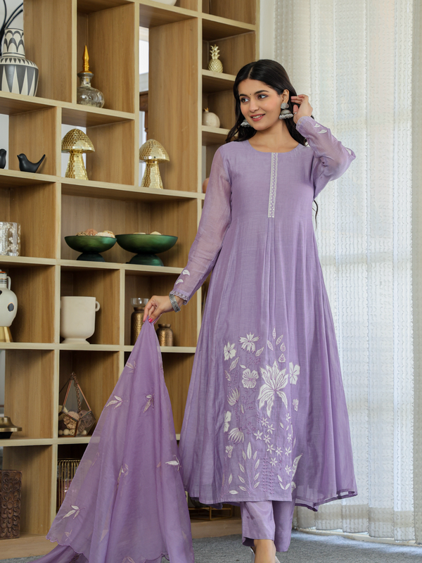 Women's Embroidered Chanderi Silk Kurta with Pant & Chanderi Dupatta Set
