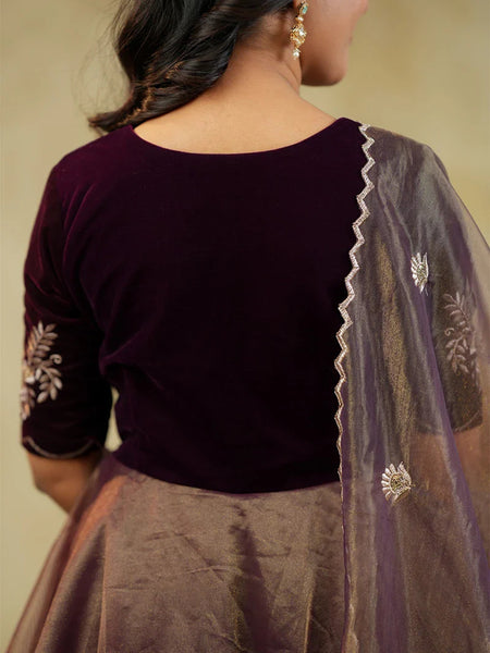 Women's Velvet & Soft Twill Net Embroidered Flared Gown with Dupatta