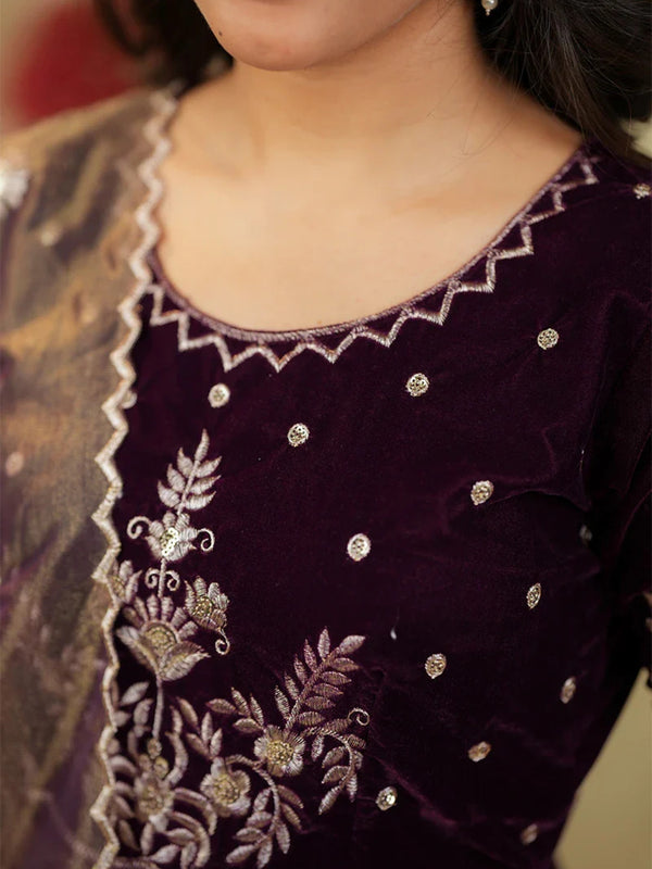 Women's Velvet & Soft Twill Net Embroidered Flared Gown with Dupatta