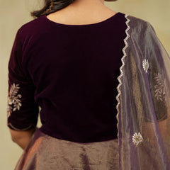 Women's Velvet & Soft Twill Net Embroidered Flared Gown with Dupatta