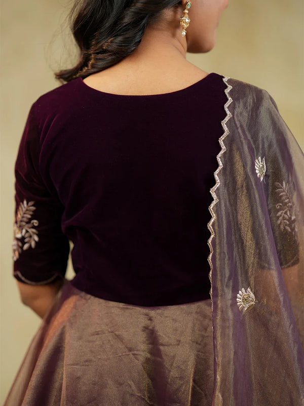 Women's Velvet & Soft Twill Net Embroidered Flared Gown with Dupatta