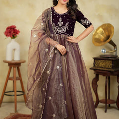 Women's Velvet & Soft Twill Net Embroidered Flared Gown with Dupatta
