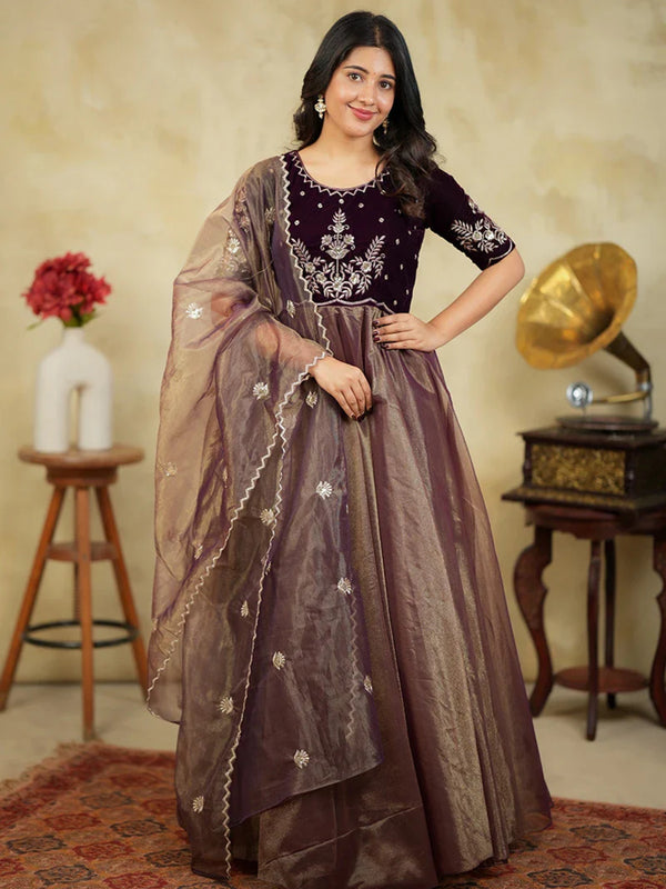Women's Velvet & Soft Twill Net Embroidered Flared Gown with Dupatta