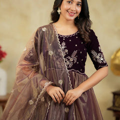 Women's Velvet & Soft Twill Net Embroidered Flared Gown with Dupatta