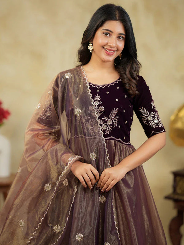 Women's Velvet & Soft Twill Net Embroidered Flared Gown with Dupatta