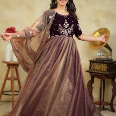 Women's Velvet & Soft Twill Net Embroidered Flared Gown with Dupatta