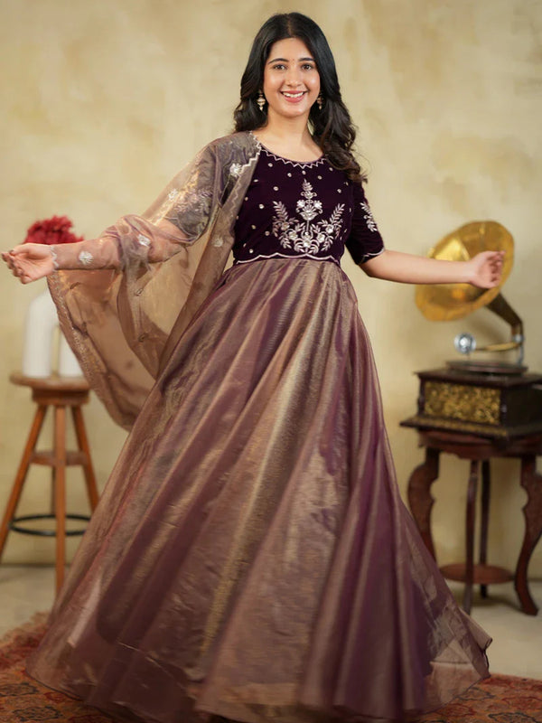 Women's Velvet & Soft Twill Net Embroidered Flared Gown with Dupatta