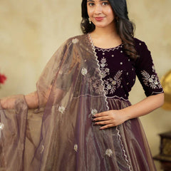 Women's Velvet & Soft Twill Net Embroidered Flared Gown with Dupatta