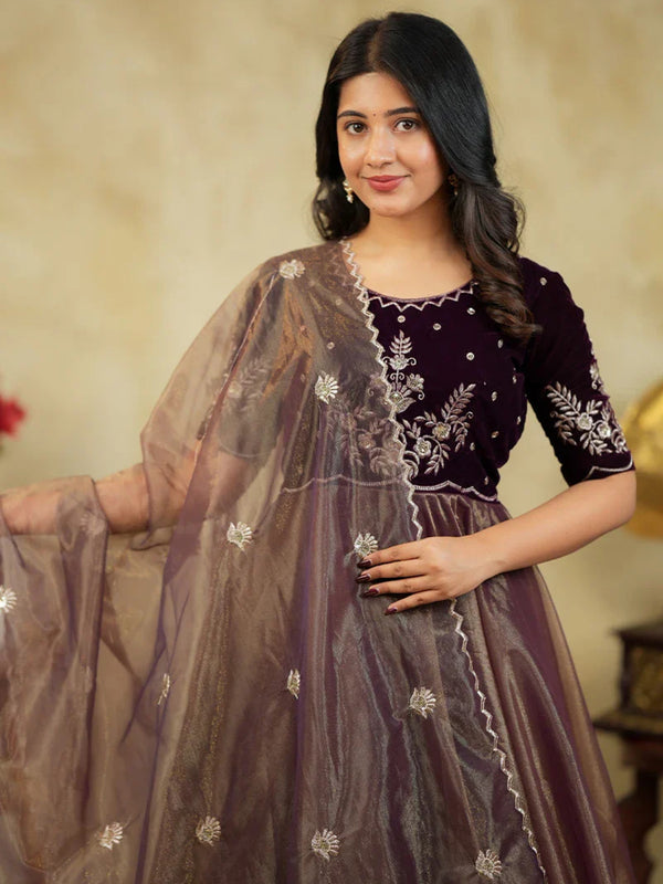 Women's Velvet & Soft Twill Net Embroidered Flared Gown with Dupatta