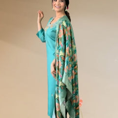 Women's Jacquard Printed Kurta Pant Set With Printed Dupatta