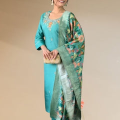 Women's Jacquard Printed Kurta Pant Set With Printed Dupatta