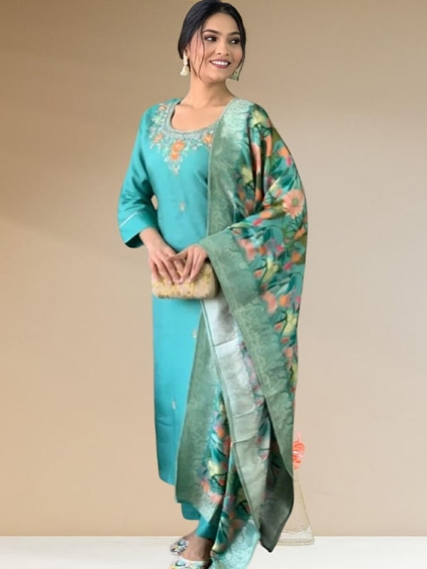Women's Jacquard Printed Kurta Pant Set With Printed Dupatta