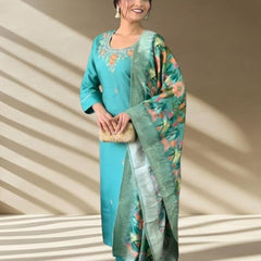 Women's Jacquard Printed Kurta Pant Set With Printed Dupatta