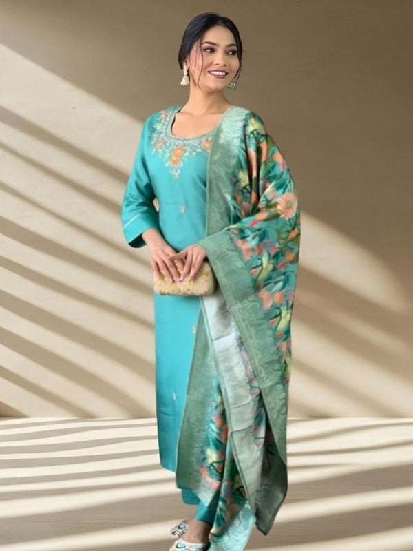 Women's Jacquard Printed Kurta Pant Set With Printed Dupatta