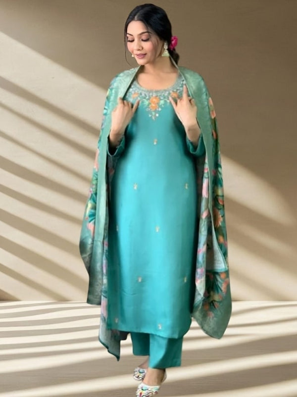 Women's Jacquard Printed Kurta Pant Set With Printed Dupatta