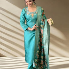 Women's Jacquard Printed Kurta Pant Set With Printed Dupatta