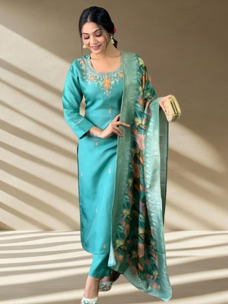 Women's Jacquard Printed Kurta Pant Set With Printed Dupatta