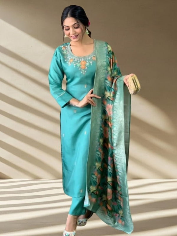 Women's Jacquard Printed Kurta Pant Set With Printed Dupatta