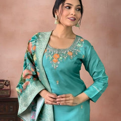 Women's Jacquard Printed Kurta Pant Set With Printed Dupatta