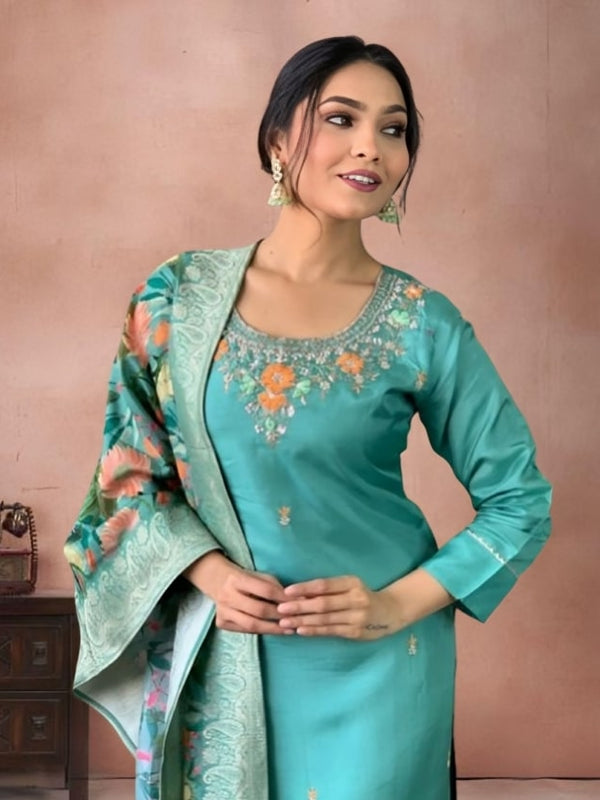 Women's Jacquard Printed Kurta Pant Set With Printed Dupatta