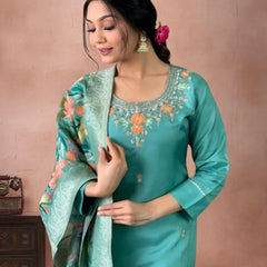 Women's Jacquard Printed Kurta Pant Set With Printed Dupatta