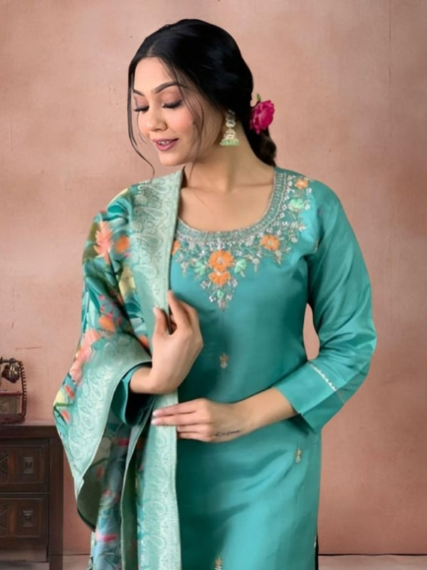 Women's Jacquard Printed Kurta Pant Set With Printed Dupatta