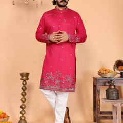 Men’s Heavy Linen Cotton Sequence Embroidered Kurta with Semi Cotton Chudidar